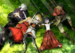  2boys 3girls absurdres armor armored_boots arms_up bare_arms bare_shoulders black_boots black_robe blonde_hair boots breastplate brown_boots brown_gloves bushidou_(sekaiju) bushidou_2_(sekaiju) collarbone crown curse_maker curse_maker_1 day doctor_magus doctor_magus_4 dress elbow_gloves flat_cap gloves goggles goggles_on_headwear green_hat green_jacket grey_hair grey_pants hakama hakama_skirt hat highres hood hood_down hooded_robe jacket japanese_clothes knee_boots long_dress long_hair lying mini_crown multiple_boys multiple_girls navel nikki_kyousuke on_back on_grass outdoors own_hands_together paladin_(sekaiju) paladin_2_(sekaiju) pants ranger_(sekaiju) ranger_1_(sekaiju) red_dress red_hakama red_sandals robe sandals sarashi sekaiju_no_meikyuu sekaiju_no_meikyuu_2 shoe_soles sitting skirt sleeveless sleeveless_dress socks swept_bangs tree unworn_crown very_long_hair white_socks zouri 