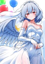  absurdres balloon breasts bridal_veil closed_mouth collarbone commentary_request commission cowboy_shot detached_sleeves dress feathered_wings female grey_hair hair_between_eyes highres jewelry kishin_sagume looking_at_viewer medium_breasts red_eyes ring scavia10 short_hair single_wing skeb_commission smile solo strapless strapless_dress touhou veil wedding_dress white_dress white_sleeves white_veil wings 