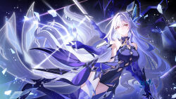  bare_shoulders breasts broken_glass chirippu cleavage closed_mouth comet commentary crossed_bangs crystal_shards dress female genshin_impact glass glass_shards glint glowing hair_between_eyes hair_ornament halter_dress halterneck hand_up highres holding holding_weapon large_breasts light_particles long_hair looking_at_viewer night night_sky object_floating_above_hand prosthesis prosthetic_arm prosthetic_leg purple_dress red_eyes short_dress skirk_(genshin_impact) sky solo sparkle thighs very_long_hair weapon white_hair 