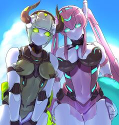  2girls bare_shoulders bikini black_bikini blue_eyes breasts colored_skin glowing glowing_eyes green_eyes green_one-piece_swimsuit grey_skin hakidashi_11 horns large_breasts multiple_girls one-piece_swimsuit phantasy_star phantasy_star_online_2 pink_skin robot_girl swimsuit twintails 
