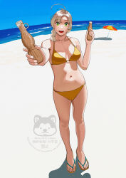  barefoot beach beach_umbrella bikini blue_sky bottle breasts bright_pupils cleavage collarbone day female foreshortening full_body green_eyes grey_hair hair_tie highres holding holding_bottle horizon incoming_gift kantai_collection kinugasa_(kancolle) kinugasa_kai_ni_(kancolle) looking_at_viewer ocean ojipon open_mouth outdoors revision sidelocks sky smile solo standing swimsuit teeth tupet twitter_username umbrella upper_teeth_only watermark white_pupils yellow_bikini 
