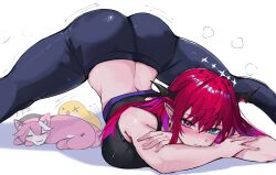  2girls absurdres bare_arms bare_shoulders black_pants black_sports_bra blue_eyes blush closed_mouth crossed_arms earrings hair_between_eyes hakui_koyori heterochromia highres hololive horns irys_(hololive) jack-o&#039;_challenge jewelry long_hair looking_at_viewer meeko_illus multiple_girls pants pointy_ears purple_eyes red_hair sidelocks smile sports_bra top-down_bottom-up 