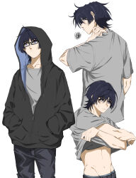  1boy absurdres alternate_costume arm_at_side bespectacled black-framed_eyewear black_hair black_jacket black_pants black_sleeves blunt_ends casual closed_mouth clothes_lift collarbone contemporary dintoge full-length_zipper genshin_impact glasses grey_eyes grey_shirt grey_sleeves groin hair_intakes hand_in_pocket hand_on_own_neck hand_up highres hood hood_up hooded_jacket jacket long_sleeves looking_to_the_side male_focus messy_hair midriff multiple_views navel open_mouth pants purple_hood purple_jacket scaramouche_(genshin_impact) semi-rimless_eyewear shirt shirt_lift short_sleeves solo squiggle sweatdrop toned toned_male two-sided_fabric two-sided_jacket white_background white_mouth wispy_bangs zipper zipper_pull_tab 