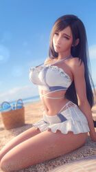  3d basket beach bikini bikini_skirt black_hair blue_sky breasts cloud day female final_fantasy final_fantasy_vii final_fantasy_vii_rebirth final_fantasy_vii_remake highres large_breasts long_hair low-tied_long_hair navel outdoors parted_lips red_eyes sand sitting sky solo sreliata stomach swimsuit thighs tifa_lockhart tifa_lockhart_(shining_spirit) very_long_hair white_bikini 