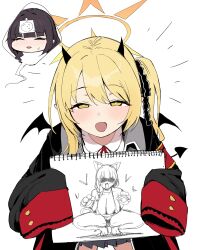  2girls absurdres bikini black_coat black_hair blonde_hair blue_archive breasts bright_pupils closed_eyes coat demon_girl demon_horns demon_tail demon_wings drawing_(object) female_sensei_(blue_archive) halo highres holding holding_drawing horns ibuki_(blue_archive) large_breasts long_hair looking_at_viewer multiple_girls open_clothes open_coat open_mouth paper_on_head sensei_(blue_archive) simple_background sleeves_past_fingers sleeves_past_wrists smile spoken_character squatting swimsuit tail white_background white_pupils wings xipa yellow_eyes yellow_halo 