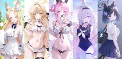  5girls adapted_costume alternate_costume alternate_hairstyle animal_ear_fluff animal_ears ass_visible_through_thighs bag bare_arms bare_shoulders bikini bird black_bikini black_choker black_eyes black_gloves black_hair black_hairband black_one-piece_swimsuit black_sailor_collar black_shirt blonde_hair blue_archive blue_bow blue_halo blue_skirt blush bow breasts cat_ears cat_tail cellphone choker cleavage closed_mouth collarbone commentary covered_navel cowboy_shot crying dress empty_eyes eyes_visible_through_hair fake_animal_ears feathered_wings flower fox_ears fox_girl fox_tail frilled_bikini frills gloves green_eyes hair_bun hair_flower hair_intakes hair_ornament hair_over_one_eye hairband hairbow halo hand_up hands_up highres holding holding_phone jogabi kikyou_(blue_archive) large_breasts layered_bikini light_frown light_particles long_hair looking_at_viewer low_wings medium_breasts mika_(blue_archive) multiple_girls multiple_tails musical_note navel neckerchief ocean one-piece_swimsuit open_mouth outdoors pantyhose phone pink_hair pink_halo pink_nails plana_(blue_archive) pleated_skirt professor_niyaniya_(blue_archive) pubic_tattoo rabbit_ears rain red_halo red_pupils sailor_collar school_bag school_uniform seia_(blue_archive) selfie shaded_face shirt short_hair short_sleeves simple_background single_hair_bun single_side_bun skirt sleeves_past_fingers sleeves_past_wrists small_breasts smartphone smile stomach strap_slip sweat swimsuit tail tattoo teruterubouzu thigh_strap thighs tit_(bird) two_tails underboob undressing very_long_hair water_drop white_background white_bikini white_bird white_bow white_dress white_flower white_hair white_neckerchief white_pantyhose white_shirt white_wings wing_ornament wings yellow_bow yellow_eyes yellow_halo 