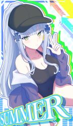 absurdres baseball_cap black_hat black_one-piece_swimsuit breasts female girls&#039;_frontline girls&#039;_frontline_2:_exilium green_eyes hair_ornament hat highres hk416_(girls&#039;_frontline) jacket klukai_(girls&#039;_frontline_2) large_breasts long_hair one-piece_swimsuit open_clothes open_jacket purple_jacket smile solo swimsuit swimsuit_under_clothes uchikata_takeaki v 