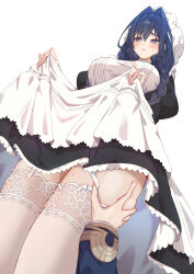  2girls apron averting_eyes black_dress blue_eyes blue_hair blush braid breasts chahanramen commentary double-parted_bangs dress frilled_apron frilled_hat frilled_sleeves frills from_below garter_straps hair_between_eyes hair_intakes hair_over_shoulder hand_on_another&#039;s_thigh hat highres hololive hololive_english juliet_sleeves large_breasts long_dress long_hair long_sleeves low_twin_braids maid maid_apron mob_cap multiple_girls official_alternate_costume official_alternate_hairstyle ouro_kronii ouro_kronii_(4th_costume) ouro_kronii_(maid) parted_lips puffy_sleeves selfcest skirt_hold solo_focus thighhighs twin_braids victorian_maid virtual_youtuber white_apron white_hat white_thighhighs 