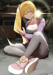  absurdres black_pantyhose black_skirt blonde_hair blush breasts cleavage donut female food highres jacket long_hair long_sleeves looking_at_viewer medium_breasts monogatari_(series) oshino_shinobu oshino_yeye pantyhose pink_shoes pointy_ears purple_jacket shoes side_ponytail sitting skirt smile solo vampire yellow_eyes 