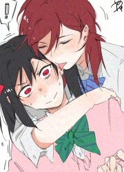  2girls adversarial_noise arms_around_neck black_hair blue_bow blue_bowtie blush bow bowtie closed_eyes closed_mouth collared_shirt commentary green_bow green_bowtie hashtag-only_commentary highres licking licking_ear long_hair love_live! love_live!_school_idol_project multiple_girls nishikino_maki otonokizaka_school_uniform pink_sweater red_eyes red_hair school_uniform shirt simple_background surfacedxxc sweater tongue tongue_out twintails white_background white_shirt yazawa_nico yuri 