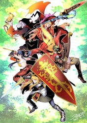  2boys 3girls :q absurdres arm_up armor armored_boots arrow_(projectile) bell black_gloves black_hair black_robe blonde_hair boots bow bow_(weapon) breastplate brown_boots bushidou_(sekaiju) bushidou_2_(sekaiju) chains closed_mouth commentary_request crown curse_maker curse_maker_1 doctor_magus doctor_magus_4 dress flat_cap gloves goggles goggles_on_headwear green_eyes green_hat green_jacket grey_hair grey_pants hair_between_eyes hair_ribbon hakama hakama_skirt handbell hat hat_bow highres holding holding_arrow holding_bell holding_bow_(weapon) holding_staff holding_sword holding_weapon hood hood_up hooded_robe jacket japanese_clothes knee_boots long_hair mini_crown multiple_boys multiple_girls nikki_kyousuke paladin_(sekaiju) paladin_2_(sekaiju) pants pink_bow polearm ponytail ranger_(sekaiju) ranger_1_(sekaiju) red_dress red_eyes red_hakama red_hat red_ribbon ribbon robe sarashi sekaiju_no_meikyuu sekaiju_no_meikyuu_2 shield skirt smile spear staff swept_bangs sword tongue tongue_out very_long_hair weapon witch_hat 