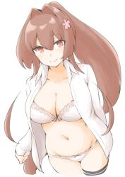  akara_kai black_thighhighs blush bow bow_bra bow_panties bra breasts brown_eyes brown_hair cherry_blossoms collarbone female flower hair_between_eyes hair_flower hair_ornament highres kantai_collection large_breasts long_hair looking_at_viewer open_clothes open_shirt panties ponytail single_thighhigh smile solo thighhighs underwear very_long_hair white_background white_bra white_panties yamato_(kancolle) 