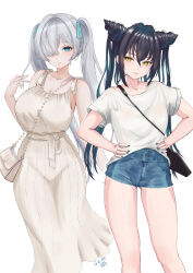  2girls absurdres black_hair blue_eyes blue_nails blue_shorts blush breasts cinderella_(nikke) cone_hair_bun denim denim_shorts dress goddess_of_victory:_nikke green_hair grey_hair hair_bun hair_over_one_eye hands_on_own_hips highres large_breasts little_mermaid_(nikke) looking_at_viewer medium_breasts multicolored_hair multiple_girls nail_polish ramuneogura shirt shorts simple_background smile streaked_hair twintails white_background white_dress white_shirt yellow_eyes 