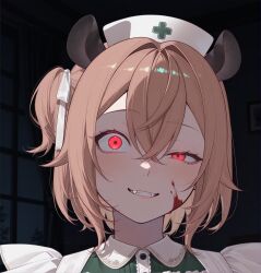  alternate_eye_color animal_ears blood brown_hair close-up commentary contrast_collar cross crossed_bangs dress english_commentary evil_grin evil_smile fangs female green_dress grin hair_between_eyes hair_intakes hair_ribbon half-closed_eye hat highres horror_(theme) indie_virtual_youtuber indoors looking_at_viewer medium_hair night nimi_nightmare nurse nurse_cap one_side_up portrait raliele_(terenazal) red_eyes ribbon rounded_collar shaded_face sidelighting smile solo tapir tapir_ears tapir_girl teeth virtual_youtuber white_ribbon 