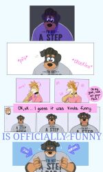  3:5 5_fingers age_difference anthro belly big_belly black_body black_fur black_hair black_nose brown_body brown_fur canid canine canis chuck_(p_rindustries) closed_eyes clothed clothing collar daddy_kink dialogue dobermann domestic_cat domestic_dog english_text felid feline felis fingers fur hair hand_wave happy hi_res laugh male mammal mature_male mullet p_rindustries pink_nose pinscher sad shirt simple_background size_difference slightly_chubby smile speech_bubble striped_body striped_fur stripes tan_body tan_fur teeth text topwear whisker_spots white_body white_fur will_(p_rindustries) 