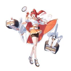  artist_request bandaid bandaid_on_leg belt bike_shorts black_survival blue_eyes bow braid brown_shorts cannon coat coat_on_shoulders crop_top crop_top_overhang crossed_legs eternal_return:_black_survival female full_body hairbow hand_up highres holding holding_megaphone justyna_(black_survival) justyna_(prefect)_(black_survival) knee_pads long_hair long_sleeves loose_belt megaphone midriff miniskirt multicolored_hair neckerchief non-web_source official_art open_mouth orange_sailor_collar orange_skirt outstretched_arm pleated_skirt ponytail red_hair red_neckerchief sailor_collar school_uniform serafuku shirt shoes shorts shorts_under_skirt single_knee_pad skirt smile sneakers solo sparkling_eyes stomach streaked_hair transparent_background watson_cross whistle white_coat white_shirt 