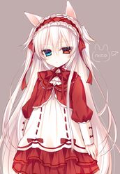  alice_claudia animal_ears bad_id bad_pixiv_id commentary dress female hairband heterochromia lolita_hairband long_hair original ribbon-trimmed_clothes ribbon_trim solo tsukikage_nemu white_hair 