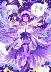  bow chinese_commentary commentary_request crossover female hair_ribbon hairbow hat highres looking_at_viewer mob_cap my_little_pony my_little_pony:_friendship_is_magic patchouli_knowledge pegasus photoshop_(medium) pony_(animal) purple_eyes purple_hair purple_theme ribbon smile touhou twilight_sparkle_(mlp) unicorn xin_yu_hua_yin 