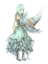  aqua_eyes aqua_hair bandaged_leg bandages bare_shoulders closed_mouth commentary_request demon&#039;s_souls detached_sleeves dress expressionless female full_body grey_dress grey_footwear grey_hat hat highres holding holding_clothes holding_hat ise_(0425) legs_apart long_hair long_sleeves looking_away pointy_footwear shoes simple_background solo standing straight_hair swept_bangs torn_clothes torn_dress unworn_hat unworn_headwear white_background witch witch_hat yuria_the_witch 