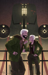  1boy aleksis_kaidanovsky beard belt cherno_alpha coat cockpit commentary_request couple dog_tags facial_hair female hangar jacket jaeger_(pacific_rim) jewelry manly mecha military military_vehicle pacific_rim ring robot russia sasha_kaidanovsky science_fiction signature size_difference straight uniform white_hair zetallis 