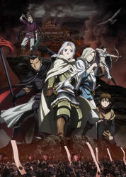  6+boys armor army arslan arslan_senki banner black_hair blue_eyes bow_(weapon) cape city daryoon elam falangies female fire gieve highres key_visual manly multiple_boys narsus official_art polearm promotional_art quiver spear sword war weapon white_hair 