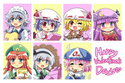  6+girls :3 :d :t =_= ascot bad_food bat_wings beret black_hairband blonde_hair blue_dress blue_eyes blue_hair blush bob_cut box braid collared_shirt colonel_aki commentary_request crescent crescent_hat_ornament crescent_pin dress eating embarrassed english_text flandre_scarlet food green_vest grey_hair hairband happy_valentine hat hat_ornament hat_ribbon heart heart-shaped_box hitodama hong_meiling instant_ramen izayoi_sakuya japanese_clothes kimono konpaku_youmu long_hair long_sleeves looking_at_viewer maid maid_headdress mittens mob_cap multiple_girls noodles one_eye_closed open_mouth pack_noodles patchouli_knowledge pile pink_hair purple_eyes purple_hair ramen red_eyes red_hair red_ribbon red_vest remilia_scarlet ribbon ribbon-trimmed_collar ribbon_trim saigyouji_yuyuko shirt short_hair short_sleeves side_ponytail smile star_(symbol) touhou triangular_headpiece twin_braids valentine vest white_shirt wings 