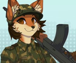  ak-47 ak_platform anthro assault_rifle black_nose brown_eyes brown_hair camo camo_print canid canine clothed clothing digital_media_(artwork) female fox fur gun hair holding_gun holding_object holding_ranged_weapon holding_weapon mammal military military_uniform orange_body orange_fur ranged_weapon redcreator rifle shaded simple_background smile soldier solo uniform warrior weapon 