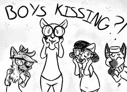  2017 african_wild_dog antelope anthro bailey_(zootopia) bodily_fluids bovid buckteeth canid canine canis clothed clothing deer dialogue dik-dik disney domestic_pig english_text eyewear fan_character female fox glasses greyscale group inkyfrog inkypig lipstick looking_at_viewer lulu_(sir-smuts-a-lot) makeup mammal monochrome open_mouth open_smile patch_houston question_mark reaction_image simple_background smile suid suina sus_(pig) sweat sweatdrop teeth text true_antelope white_background wolf zootopia 