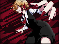  arrow_(symbol) ascot blonde_hair commentary_request dress_shirt female fingernails foreshortening hair_ribbon knees long_sleeves nail_polish neck neko_zukin open_mouth outstretched_arms red_background ribbon rumia shirt short_hair skirt skirt_set solo spread_arms touhou vest 