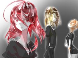  3others ahoge alternate_hairstyle androgynous bad_id bad_pixiv_id blonde_hair brown_hair cinnabar_(houseki_no_kuni) colored_eyelashes colored_skin crystal_hair easty eyes_visible_through_hair gem_uniform_(houseki_no_kuni) hair_between_eyes holding_own_arm houseki_no_kuni long_bangs looking_up multicolored_hair multiple_others necktie orange_eyes orange_hair red_eyes red_hair rutile_(houseki_no_kuni) sad serious short_hair white_skin yellow_eyes zircon_(houseki_no_kuni) 