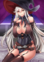  arm_support bare_shoulders bed bed_sheet bedroom black_thighhighs breasts cleavage commentary_request detached_sleeves female fingerless_gloves garter_straps gloves granblue_fantasy hair_between_eyes hand_on_own_chest hat indoors large_breasts lips long_hair looking_at_viewer magisa_(granblue_fantasy) megatama red_eyes smile solo thighhighs white_hair window witch_hat 