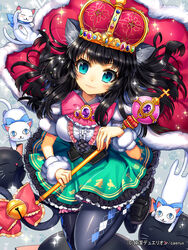  :3 animal_ears arched_crown argyle_clothes argyle_legwear bad_id bad_pixiv_id bell black_hair black_pantyhose blue_eyes blush cape cat_ears cat_tail circle_skirt crown ells feline female jeweled_crown junketsu_duelion long_hair looking_at_viewer official_art original pantyhose red_crown ribbon scepter skirt smile solo tail 