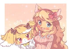  2girls blonde_hair blue_eyes brown_hair canine furry hnzk_aroma long_hair multiple_girls purple_eyes 