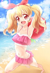  :d aikatsu! aikatsu!_(series) alternate_hairstyle armpits barefoot beach bikini blonde_hair blush cloud commentary_request day female food fruit hair_ribbon hisayaki_kyuu hoshimiya_ichigo long_hair looking_at_viewer navel ocean open_mouth outdoors pink_bikini red_eyes ribbon sand sky smile solo strawberry sun swimsuit twintails water 