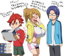  2boys blue_hair breasts brown_hair commentary_request female gundam gundam_build_fighters gunpla highres hoshino_fumina kamiki_sekai kloah kousaka_yuuma large_breasts model_kit multiple_boys red_hair simple_background sports_bra super_fumina translation_request two-tone_sports_bra white_background 