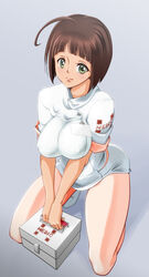  ahoge bob_cut breasts brown_hair female green_eyes harada_makoto kneeling large_breasts legs looking_at_viewer medic msda name_tag smile solo thighs uchuu_senkan_yamato uchuu_senkan_yamato_2199 