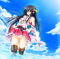  aoi_hiro armpits black_hair clothes_lift cloud commentary_request day detached_sleeves female hairband haruna_(kancolle) japanese_clothes kantai_collection long_hair panties photoshop_(medium) red_eyes skirt skirt_lift sky solo striped_clothes striped_panties underwear wading 