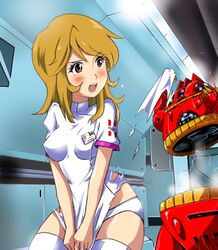  analyzer blonde_hair blush embarrassed female long_hair looking_back medic mori_yuki open_mouth panties ripping robot t2 tears thighhighs torn_clothes uchuu_senkan_yamato uchuu_senkan_yamato_2199 underwear white_legwear white_panties 