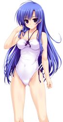  bare_shoulders blue_hair covered_navel female highres kujou_hatsune light_smile long_hair one-piece_swimsuit prism_recollection! purple_eyes shintarou simple_background solo standing swimsuit tucking_hair very_long_hair white_background white_one-piece_swimsuit 