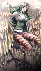  breasts cleavage commentary crop_top eyewear_on_head feathered_wings feathers female green_hair green_tank_top harpy long_hair medium_breasts midriff monet_(one_piece) monster_girl navel one_piece philippa photoshop_(medium) solo striped tank_top winged_arms wings yellow_eyes 