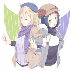  2girls ;) aoyama_blue_mountain bad_id bad_pixiv_id beret blonde_hair blue_eyes blue_hair fur-trimmed_jacket fur_trim gochuumon_wa_usagi_desu_ka? green_eyes hand_on_own_hip hat hetareeji highres jacket layered_sleeves locked_arms long_hair long_sleeves mate_rin multiple_girls one_eye_closed open_clothes open_jacket open_mouth outline scarf short_hair short_over_long_sleeves short_sleeves smile upper_body v-shaped_eyebrows white_outline 