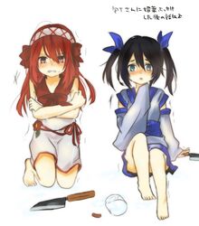  2girls bannou_houchou-san barefoot black_hair blue_eyes blush commentary_request hair_ornament hair_ribbon hairband houchou-san_no_uwasa jar kneeling knife multiple_girls open_mouth red_eyes red_hair ribbon sashimi_houchou-san sidelocks simple_background sitting tearing_up translated white_background yuzukor 