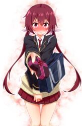  blush box commentary_request female flat_chest gift gift_box heart heart-shaped_box holding holding_gift incoming_gift joukamachi_no_dandelion long_hair low_twintails mizunashi_(second_run) nose_blush red_eyes red_hair sakurada_akane school_uniform solo twintails valentine 