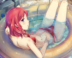  arm_behind_head back bikini checkered_floor commentary_request female from_behind hose kalian looking_at_viewer looking_back love_live! love_live!_school_idol_project lying midriff nishikino_maki on_back open_mouth partially_submerged petals profile purple_eyes reclining red_bikini red_hair short_hair solo swimsuit thigh_gap wading_pool water 