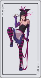  alice_(wonderland)_(cosplay) alice_in_wonderland apron bare_shoulders black_hair breasts capcom choker cleavage elbow_gloves female full_body juri_han looking_at_viewer medium_breasts purple_eyes solo street_fighter street_fighter_v striped striped_legwear striped_sleeves tea thighhighs tongue tongue_out twin_drills twintails 