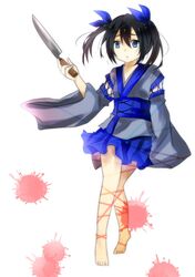  :&lt; barefoot black_hair blood blood_splatter blue_eyes commentary_request female full_body hair_ornament holding houchou-san_no_uwasa knife sashimi_houchou-san sidelocks simple_background skirt solo white_background yuzukor 