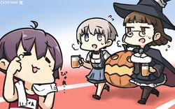  3girls alcohol alternate_costume beer black_cape black_dress black_legwear blue_eyes blunt_bangs brown_eyes brown_hair cape closed_eyes commentary_request dated dirndl dress full_body german_clothes glasses grey_hair hamu_koutarou hat highres jack-o&#039;-lantern kantai_collection multiple_girls one-hour_drawing_challenge pantyhose pince-nez pumpkin purple_hair roma_(kancolle) sakawa_(kancolle) short_hair tears towel upper_body wavy_hair witch_hat z1_leberecht_maass_(kancolle) z1_leberecht_maass_(oktoberfest_mode)_(kancolle) 