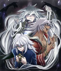  3boys bad_id bad_pixiv_id bakura_ryou blood collarbone green_eyes hazama_(leche) long_hair male_focus millennium_ring multiple_boys multiple_persona muscular tan touzokuou_bakura white_hair yami_bakura yu-gi-oh! yu-gi-oh!_duel_monsters 