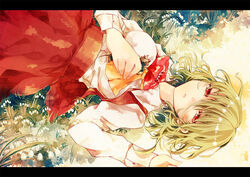  ascot commentary_request constricted_pupils female flower grass green_hair half-closed_eyes kaio_(watagami) kazami_yuuka letterboxed long_sleeves lying on_back on_grass on_ground open_clothes open_vest red_eyes shirt short_hair skirt skirt_set snowbell_(flower) solo touhou vest white_flower 