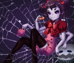  arthropod_girl bada_(jksh5056) black_sclera black_thighhighs blunt_bangs bow bowtie buttons colored_sclera colored_skin commentary_request doughnut dress extra_arms extra_eyes fang_out female floating flower food glowing grey_skin hairbow holding holding_food looking_at_viewer monster_girl muffet muffet&#039;s_pet oerba_yun_fang pink_eyes plant puffy_short_sleeves puffy_sleeves purple_background purple_hair purple_skin red_bow red_bowtie red_dress short_hair short_sleeves silk simple_background smile smiley_face solo spider_girl spider_web sweets teapot teeth thick_eyebrows thighhighs two_side_up undertale wavy_mouth zettai_ryouiki 